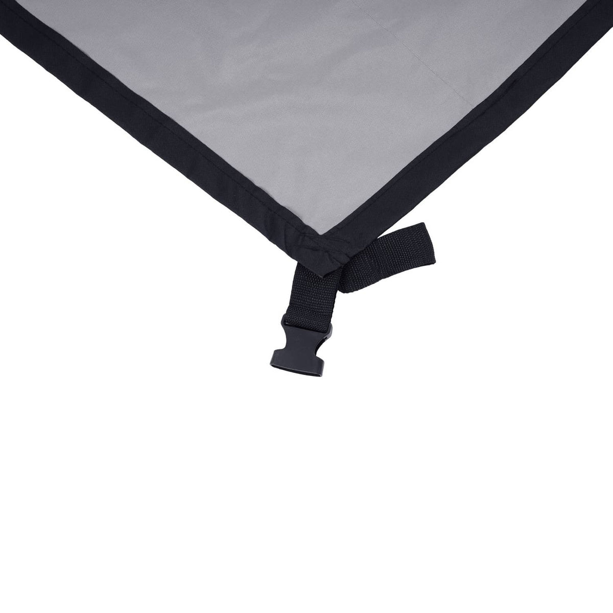 Black-edged cover with gray inner lining and elastic strap tie
