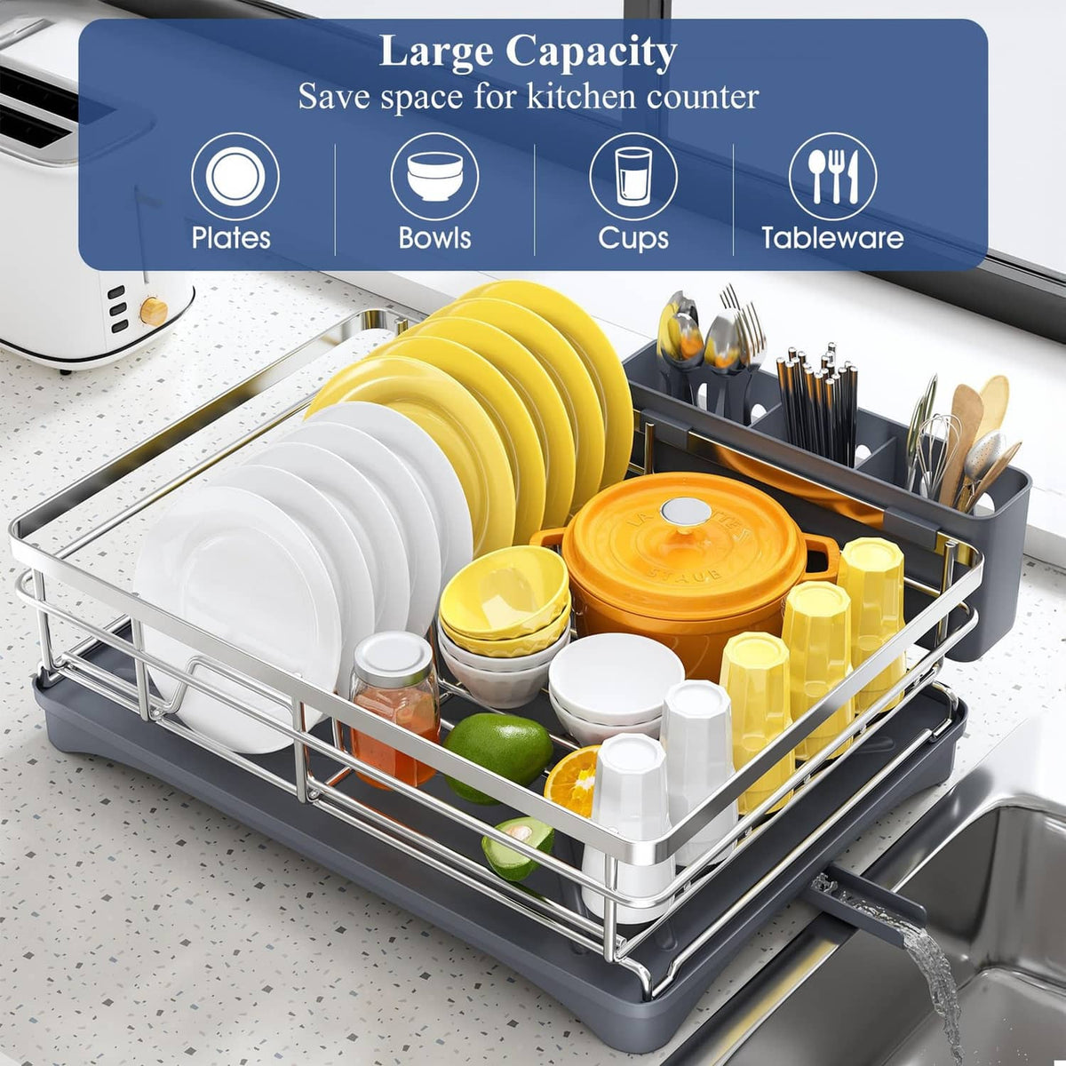Dish drying rack with stacked plate supports, utensil holder, and wire drying base.