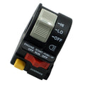 Left handlebar engine HI/LO/OFF switch with black housing, grey knob, red and yellow controls