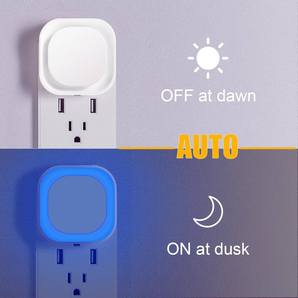 Auto-sensing plug-in night light with white housing and blue glow at dusk