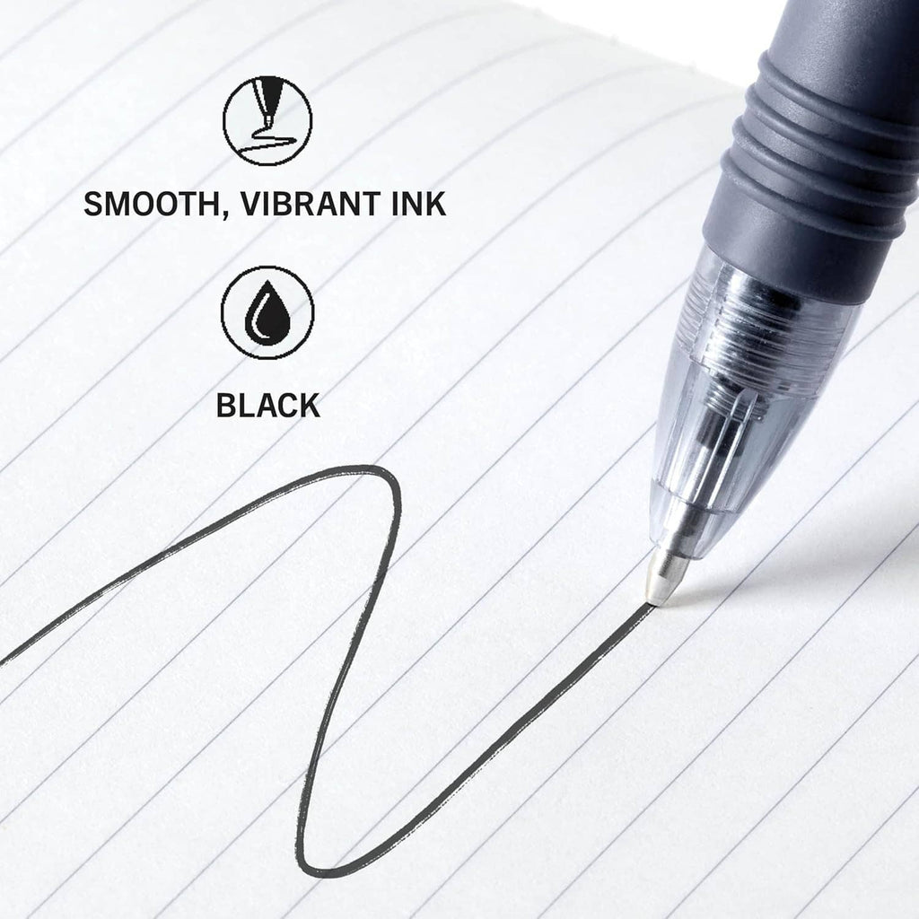 Black ballpoint pen tip writing a dark line on lined paper.
