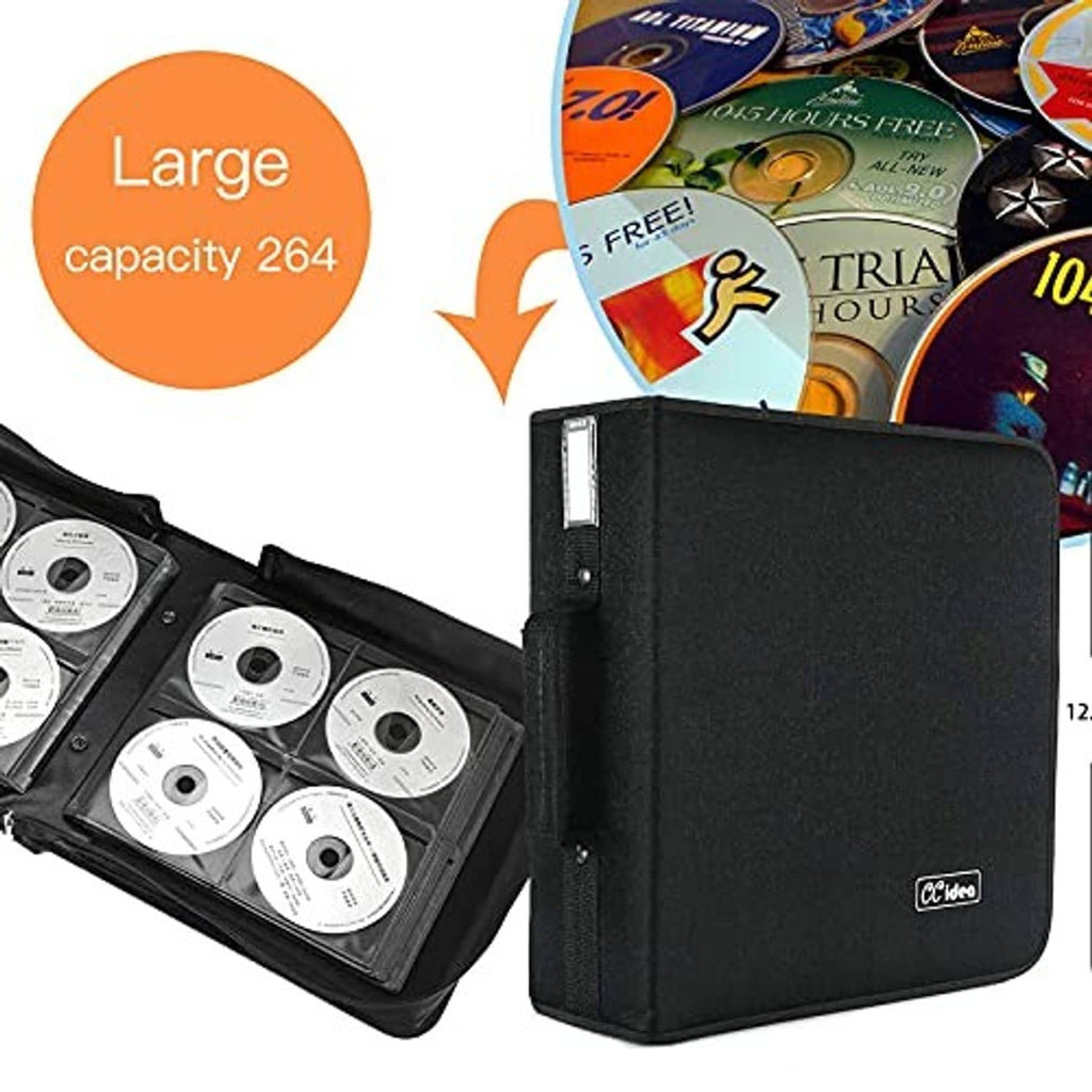 Black CD/DVD storage case with discs and inner slots for media