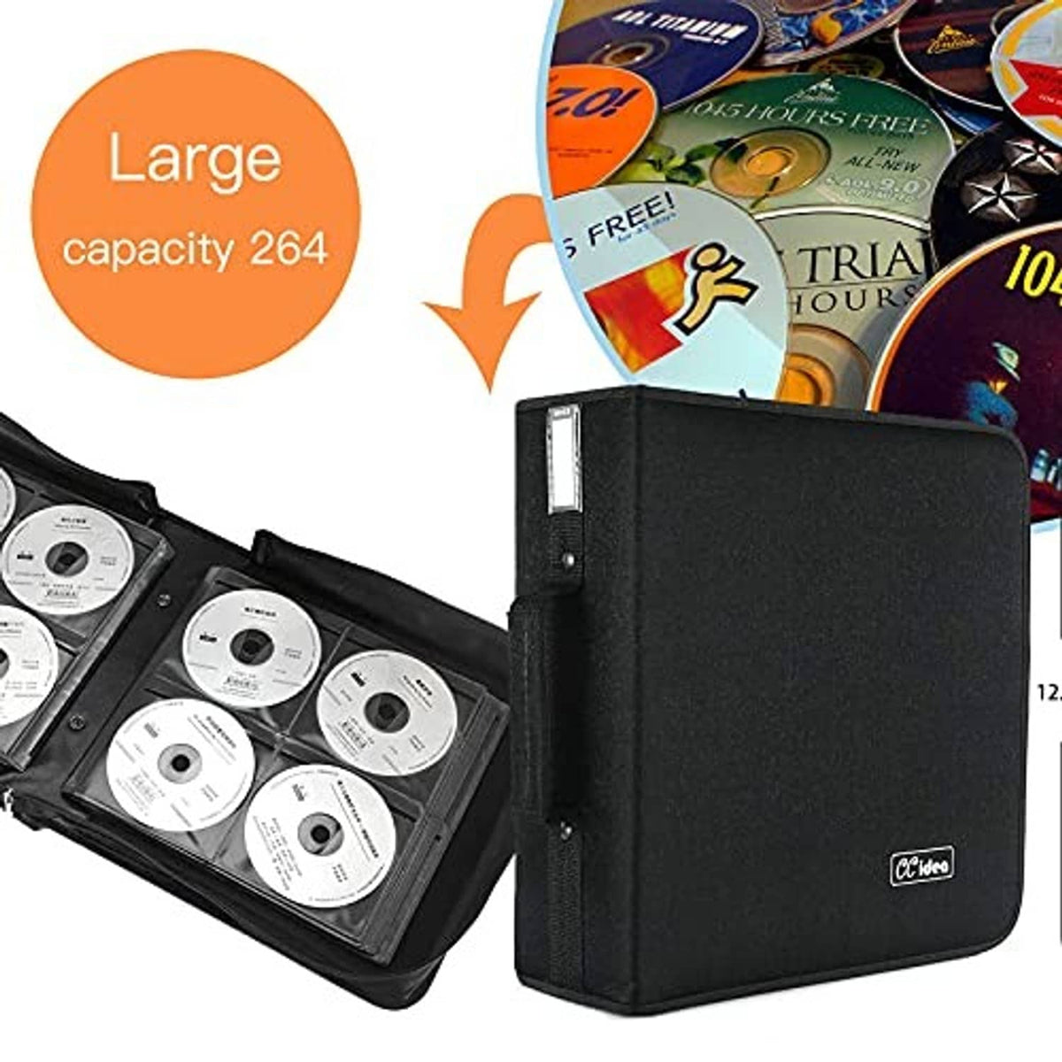 Black CD/DVD storage case with discs and inner slots for media