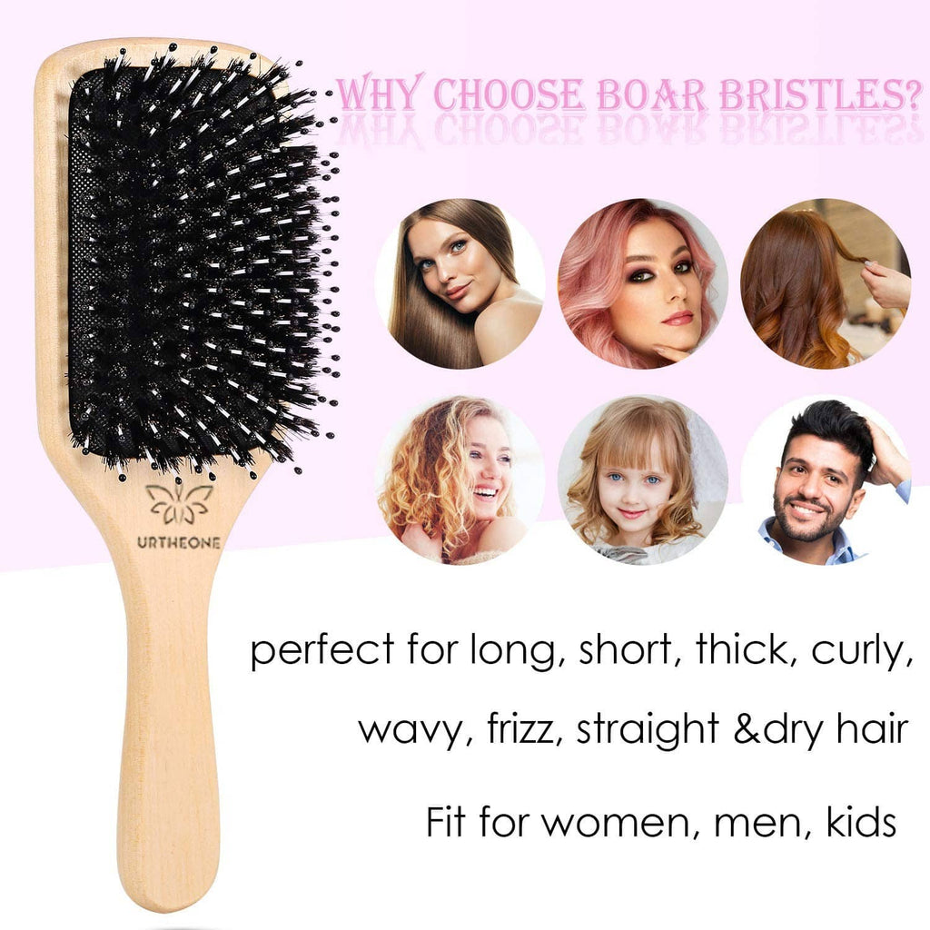 Natural wood boar bristle hair brush with oval paddle and black bristles