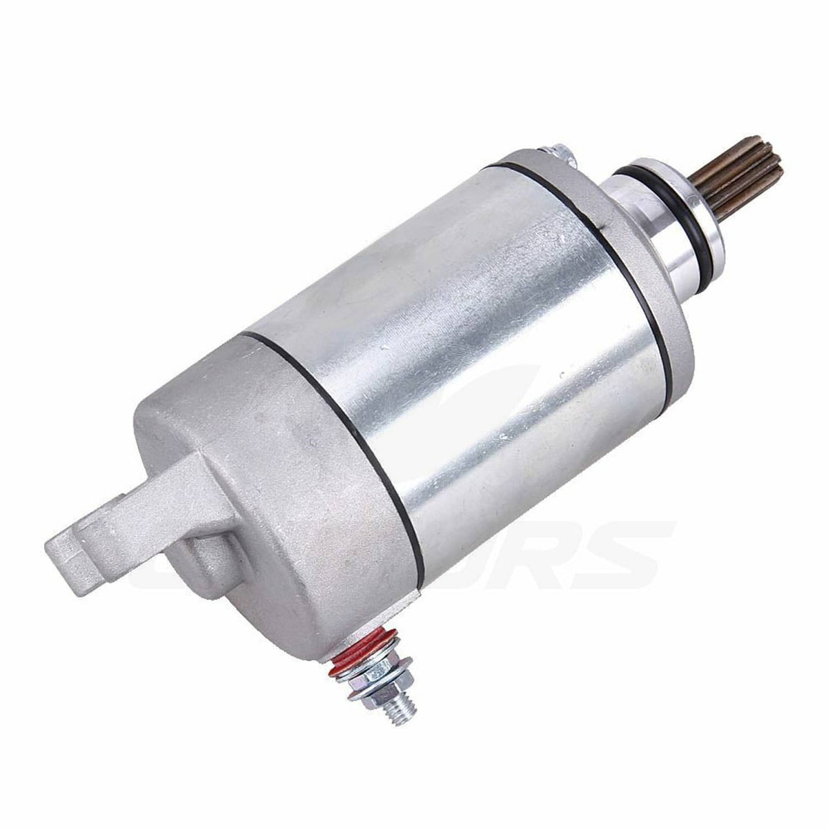 Starter motor angled view with bottom stud terminal and pinion shaft, silver housing