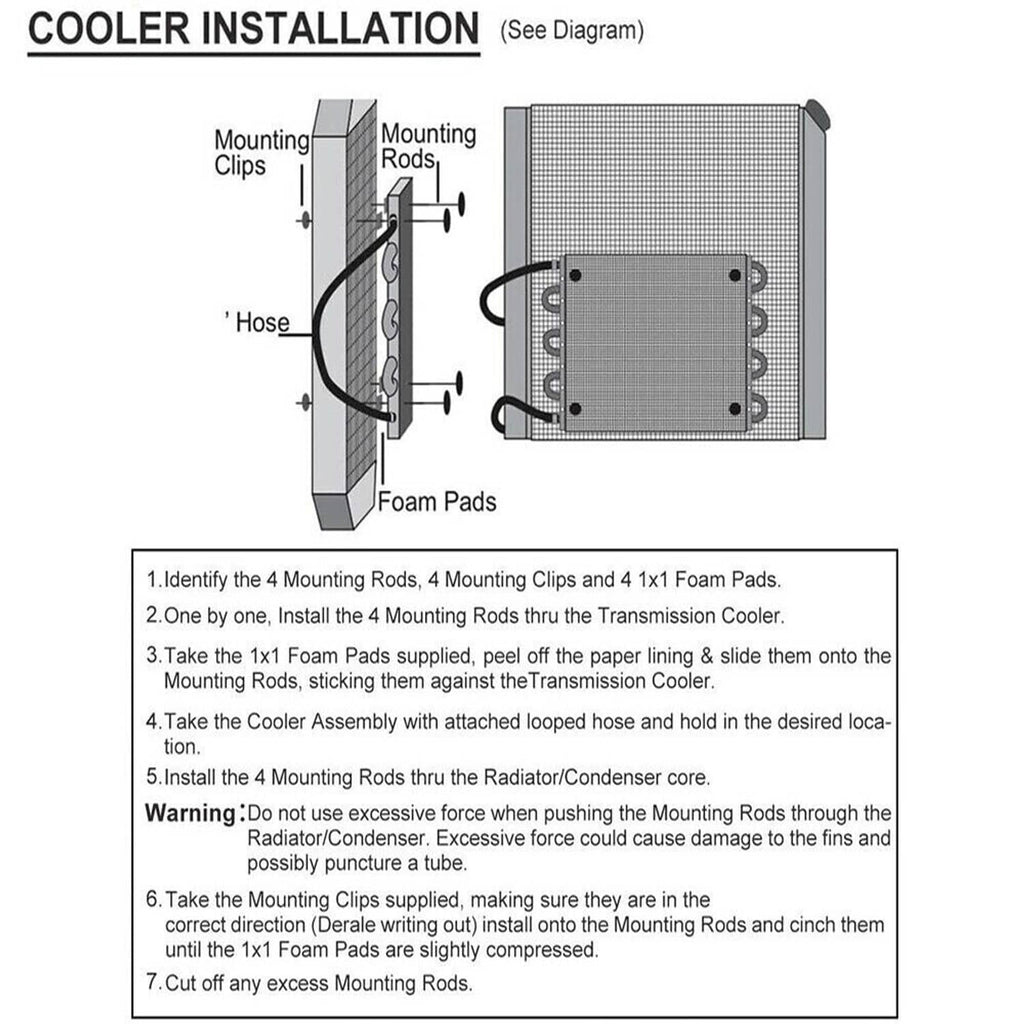 Oil cooler installation diagram with mounting rods, clips, foam pads, and cooler plate