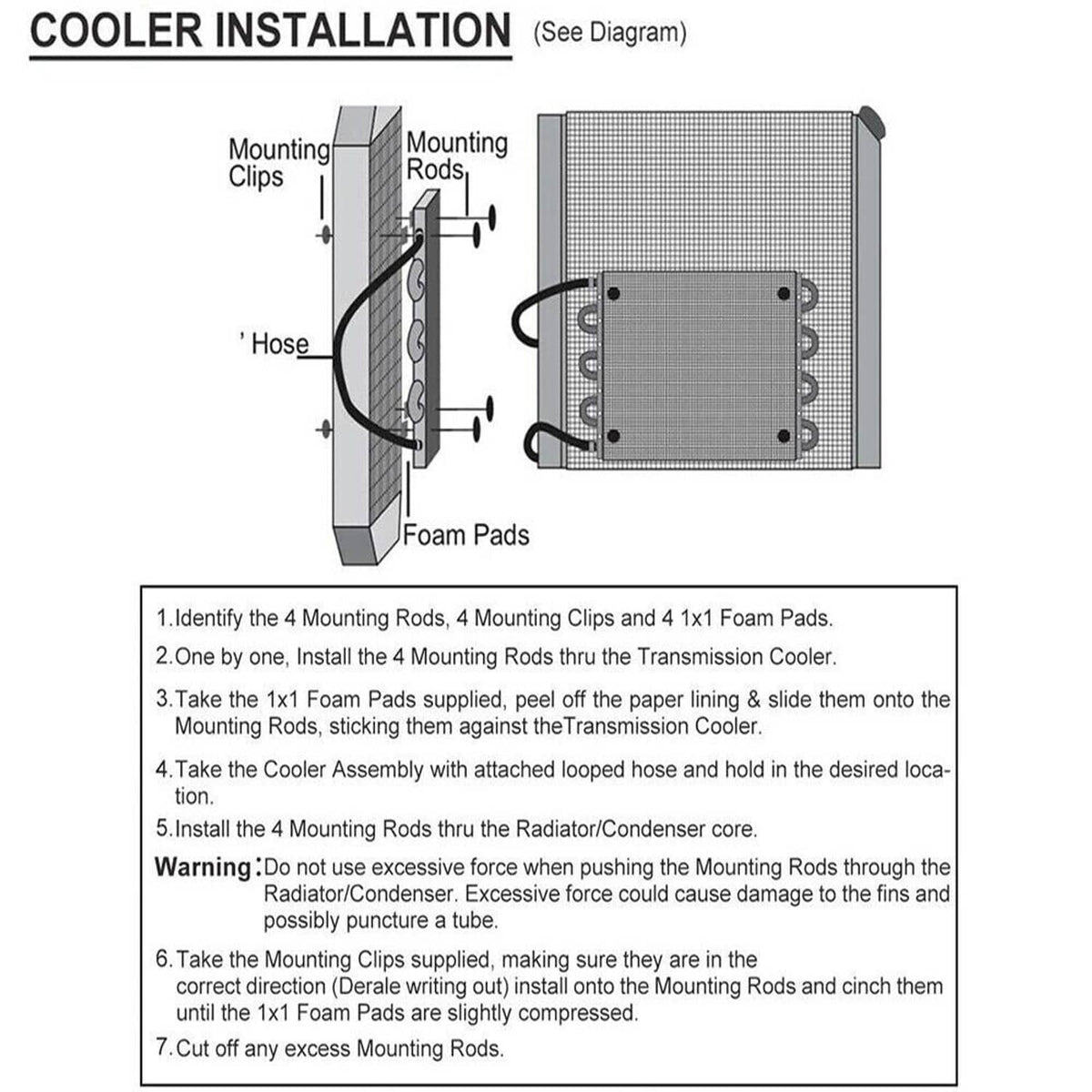 Oil cooler installation diagram with mounting rods, clips, foam pads, and cooler plate