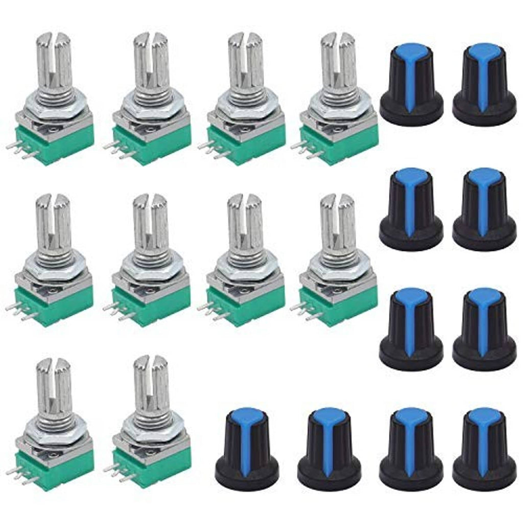 Assorted rotary potentiometers with metal shafts, green bases, and blue top caps