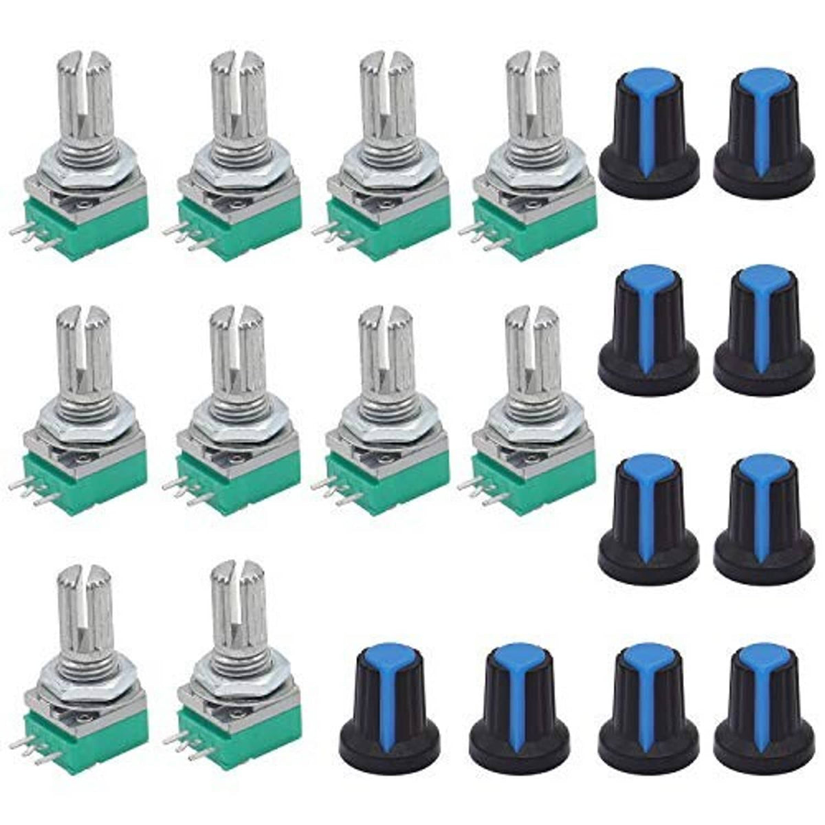 Assorted rotary potentiometers with metal shafts, green bases, and blue top caps