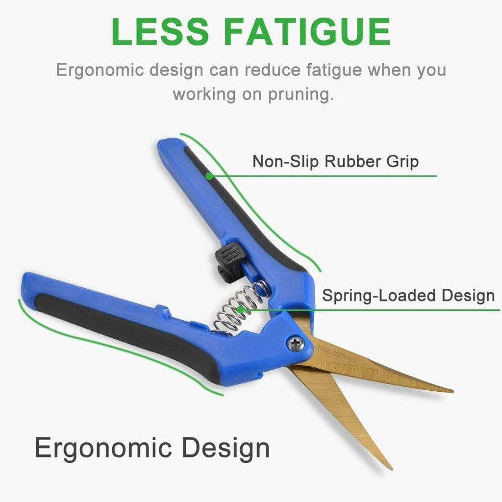 Blue pruning shears with black non-slip rubber grip and spring-loaded handle