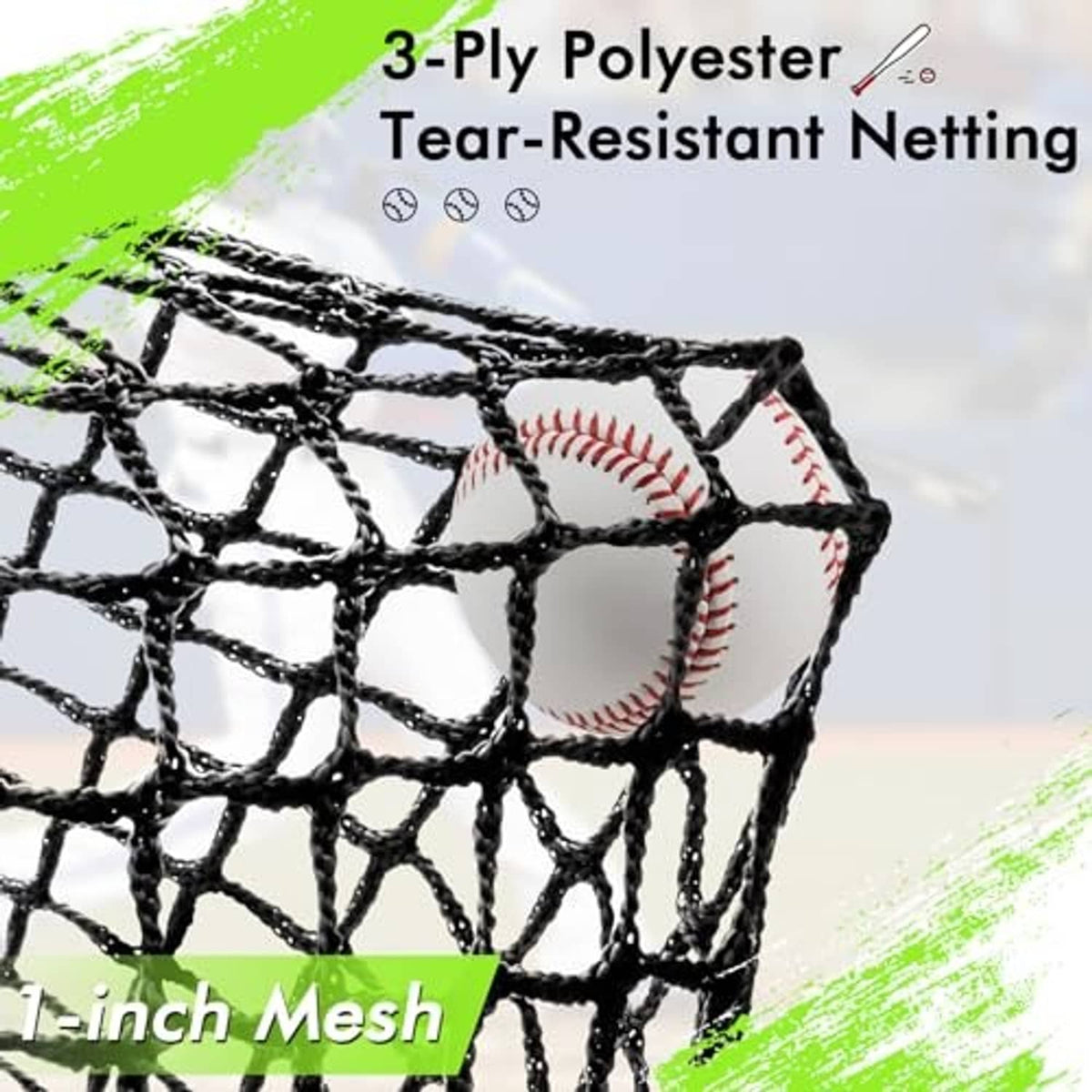 3-ply polyester batting net close-up with baseball and 1-inch mesh