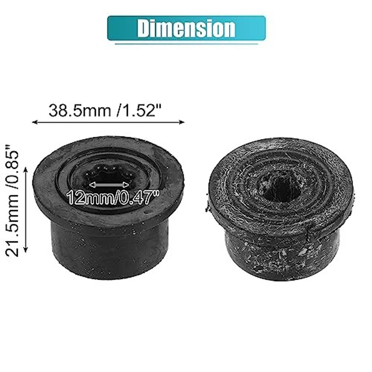 Black rubber radiator mount bushings, two-piece set with textured outer edges.