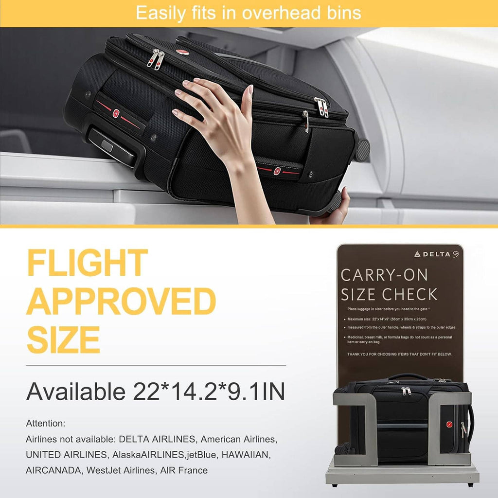 Black carry-on rolling suitcase stowed overhead with telescoping handle visible