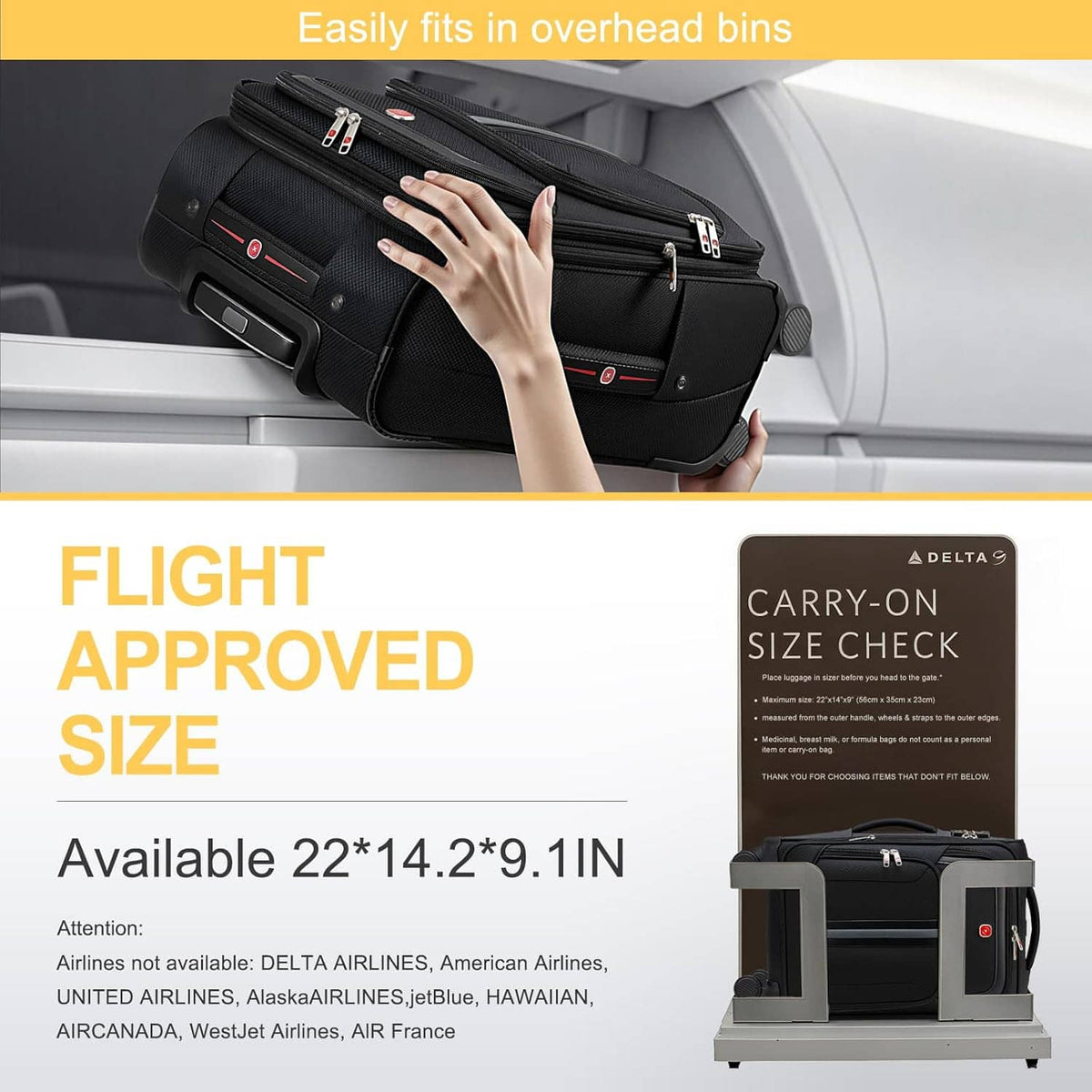 Black carry-on rolling suitcase stowed overhead with telescoping handle visible
