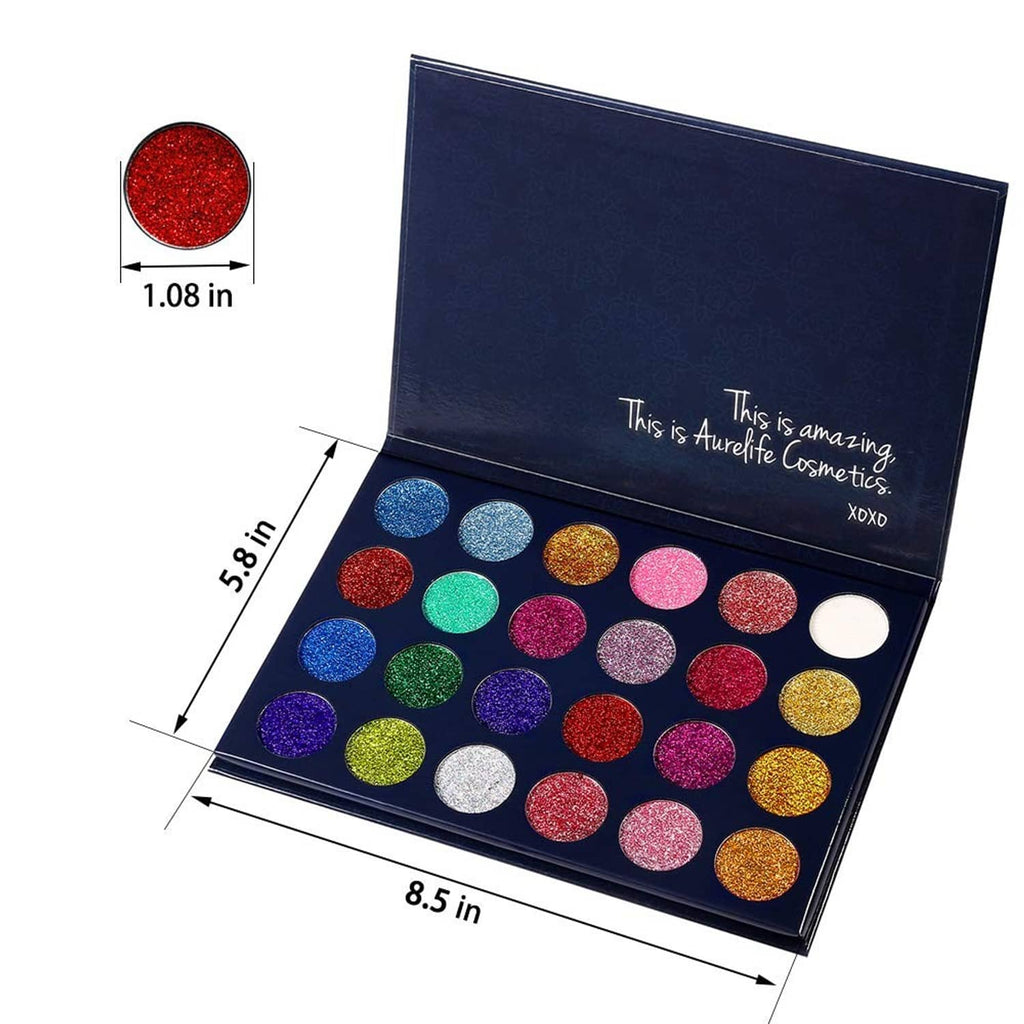 Pressed glitter eyeshadow palette with 24 round pans, shown with size measurement