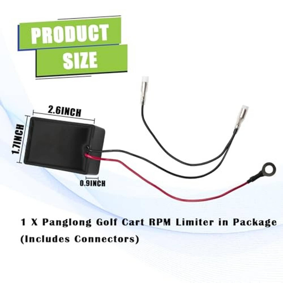 RPM limiter module with red-and-black wires and package size diagram