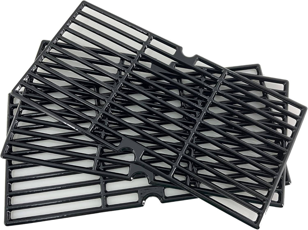 Porcelain-coated cast iron cooking grate, black with crisscross grill bars and side tabs