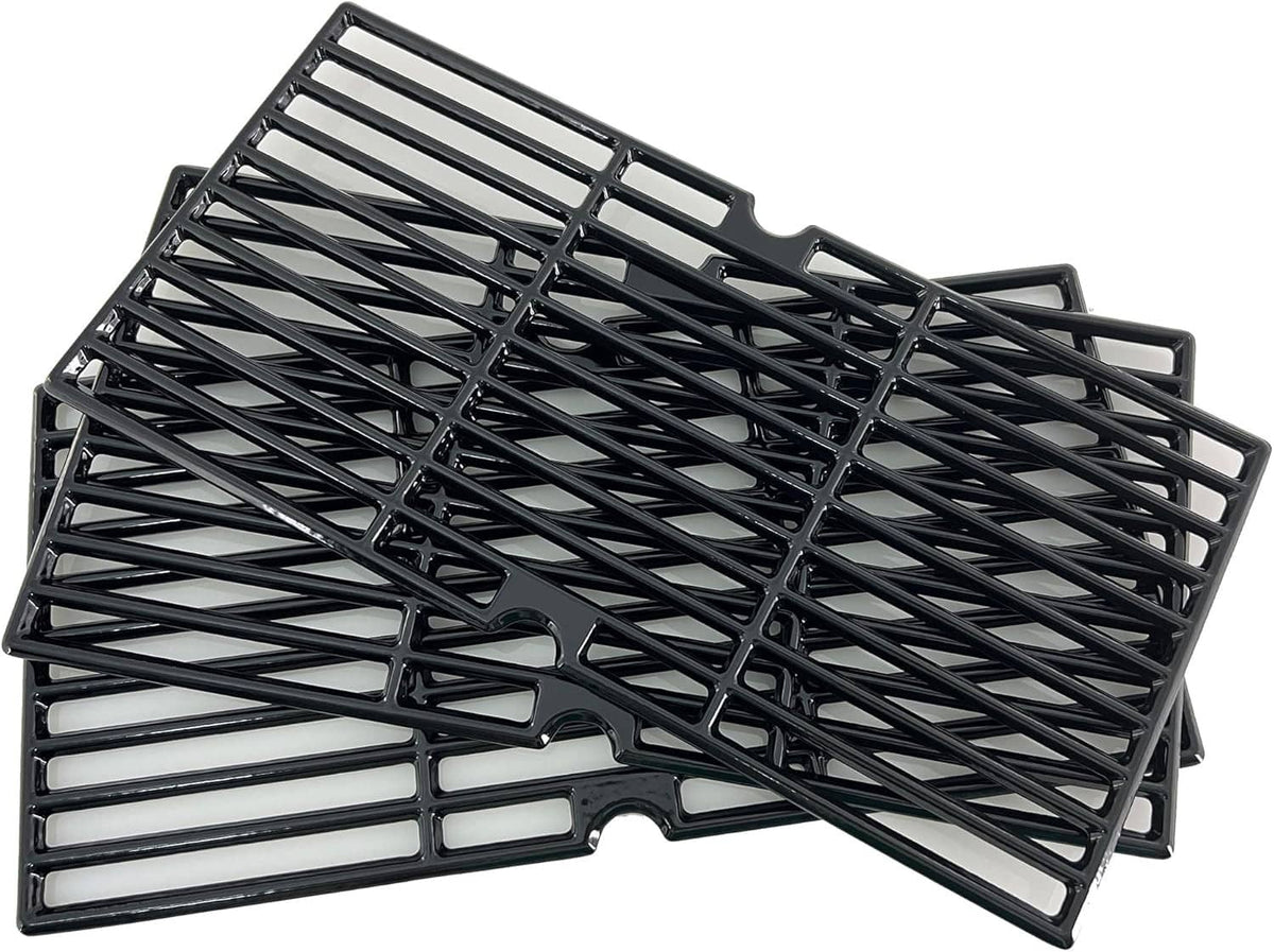 Porcelain-coated cast iron cooking grate, black with crisscross grill bars and side tabs