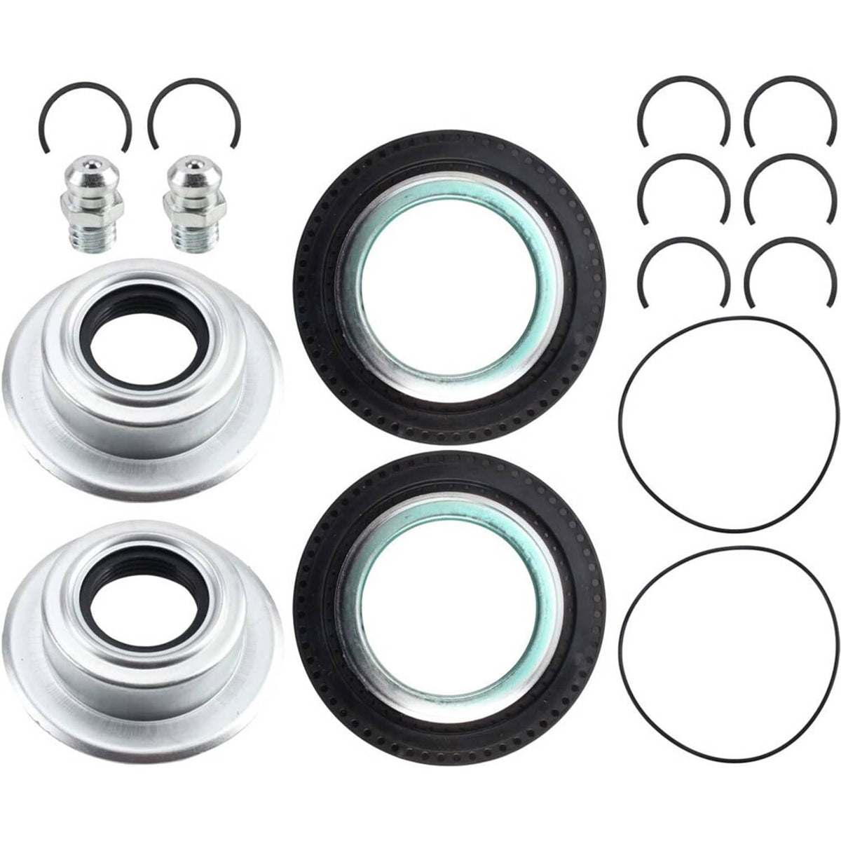 U-joint kit components: seals, black gaskets, and small grease fittings