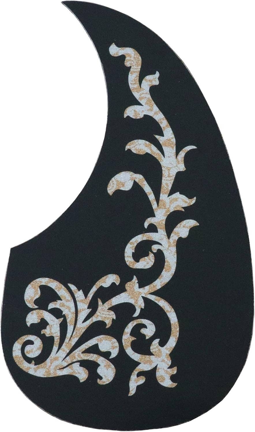 Black teardrop pickguard with gold vine and scroll artwork