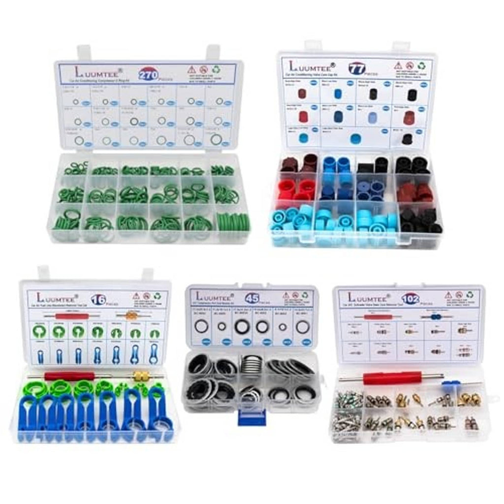AC repair kit set with green, blue, and black O-ring seals in a plastic tray