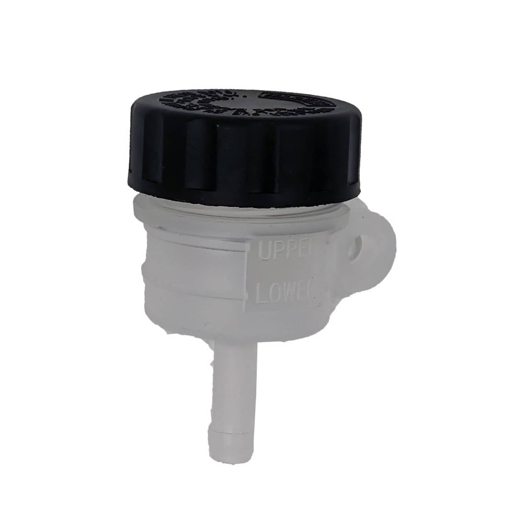 Motorcycle brake fluid reservoir tank with black cap and white translucent chamber
