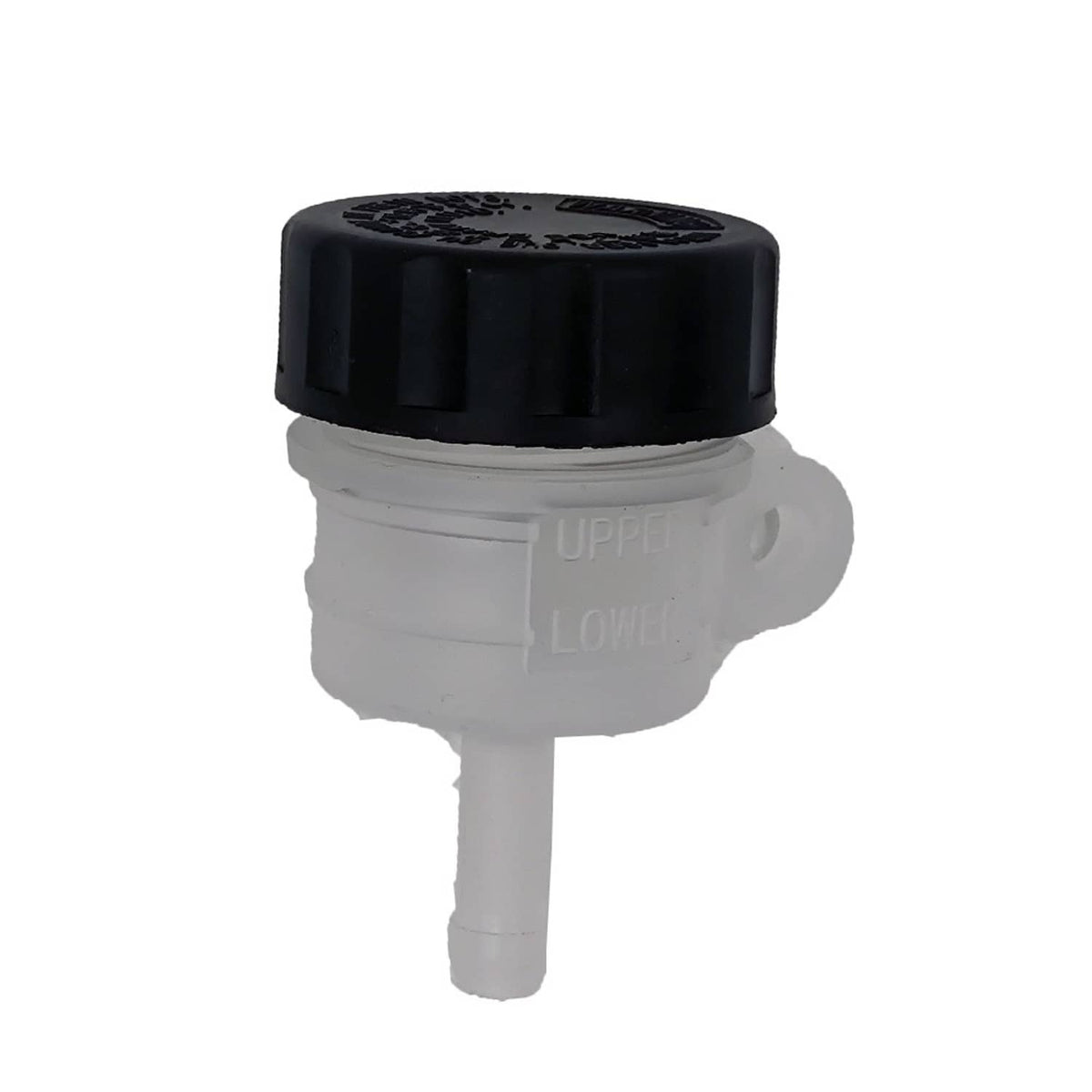 Motorcycle brake fluid reservoir tank with black cap and white translucent chamber