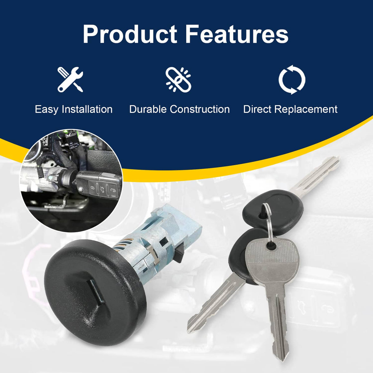 Black ignition lock cylinder and keys displayed with product feature graphic