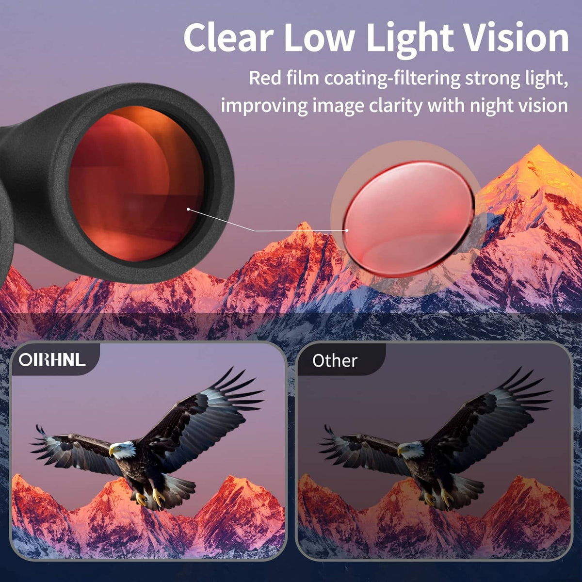 Binoculars with red-tinted low-light lenses and black rubber eyecups