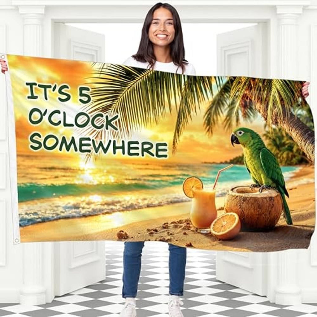 Beach parrot banner flag with "It's 5 O'Clock Somewhere" lettering and palm trees