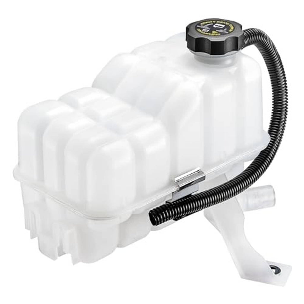 White coolant expansion reservoir tank with black hoses and vented round cap
