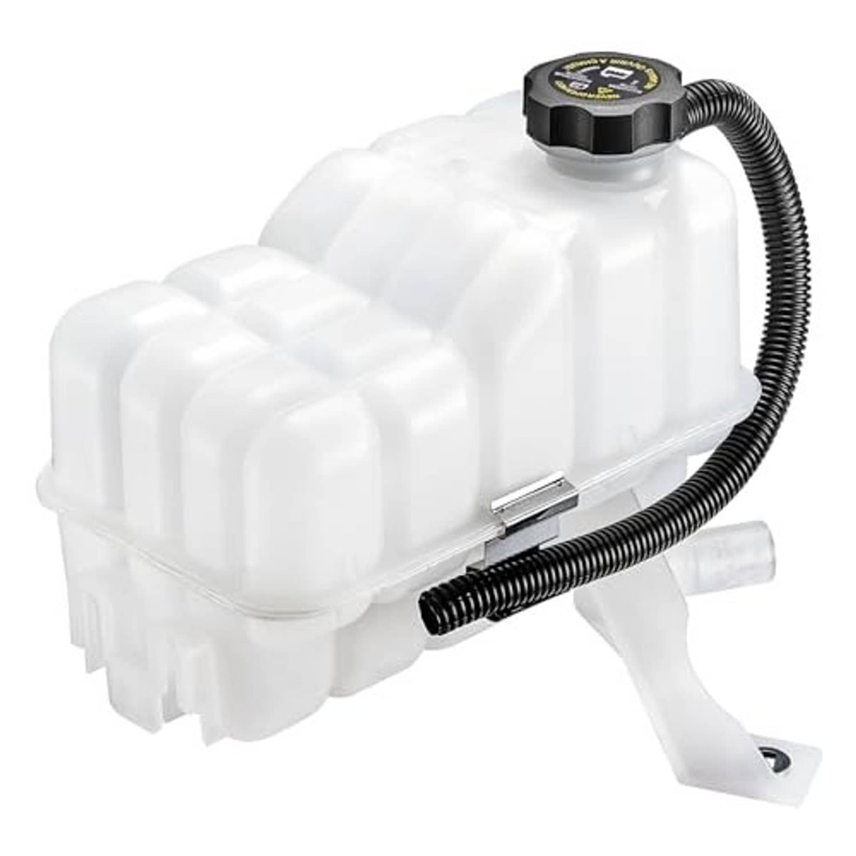White coolant expansion reservoir tank with black hoses and vented round cap