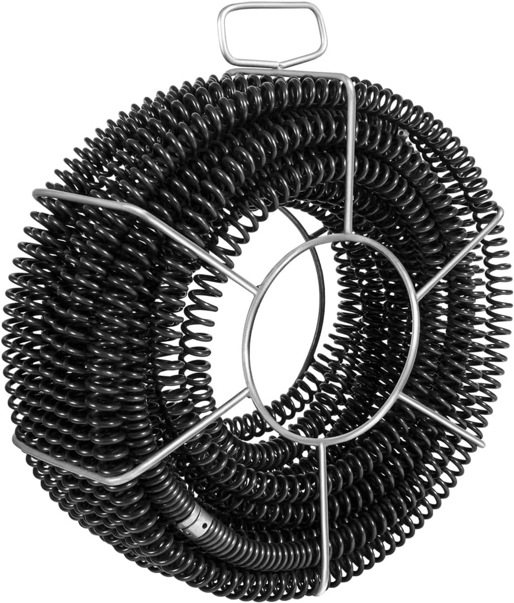 Coiled black drain cleaning cable with metal carrying loop and threaded coupling ends
