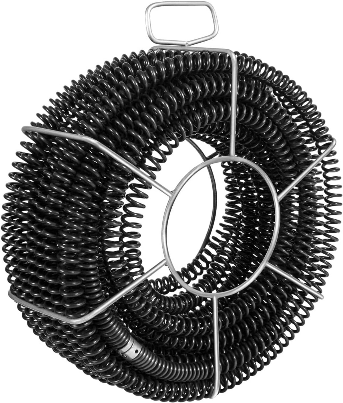 Coiled black drain cleaning cable with metal carrying loop and threaded coupling ends