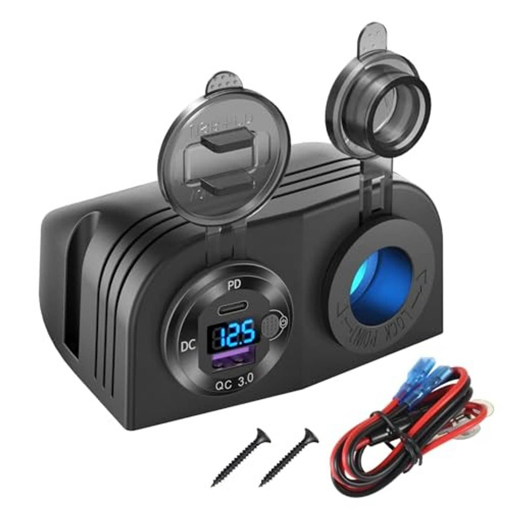 Black 12V USB charger with blue LED voltmeter screen, PD/QC3.0 ports and socket cap