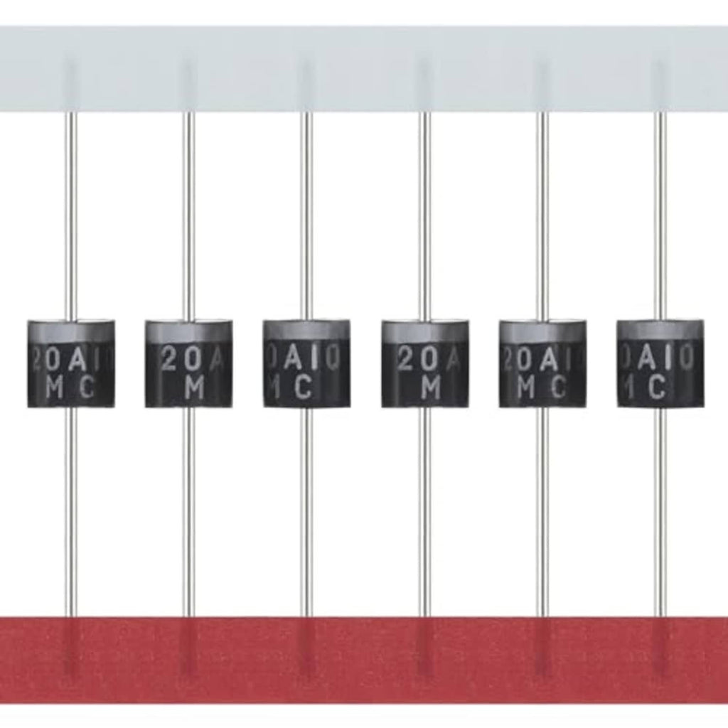 Axial Schottky rectifier diodes close-up, black cases, 20A10 markings on leads