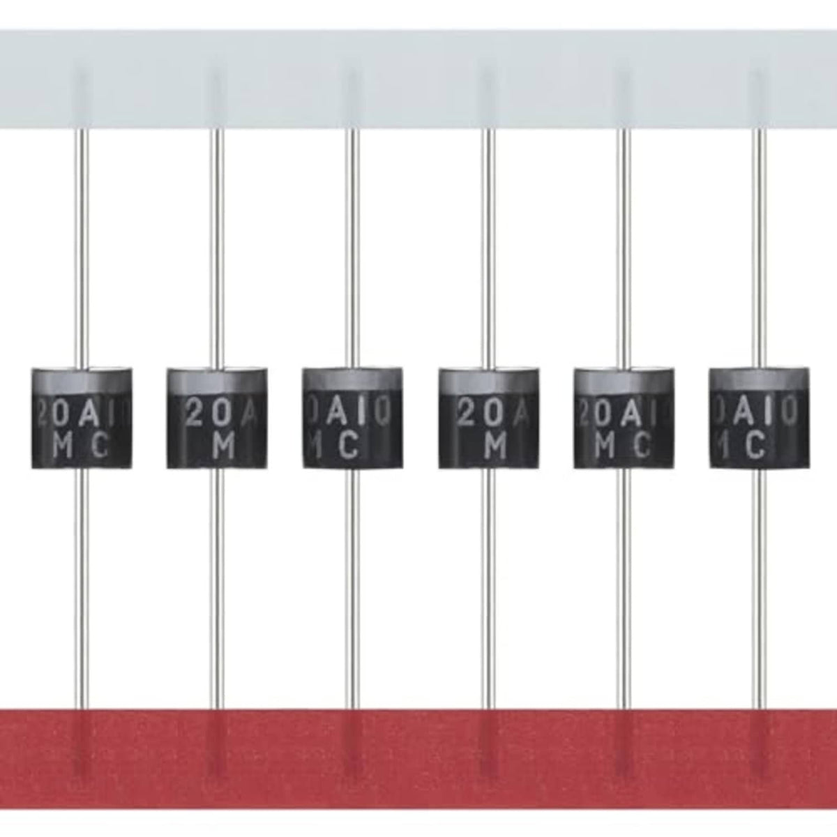 Axial Schottky rectifier diodes close-up, black cases, 20A10 markings on leads