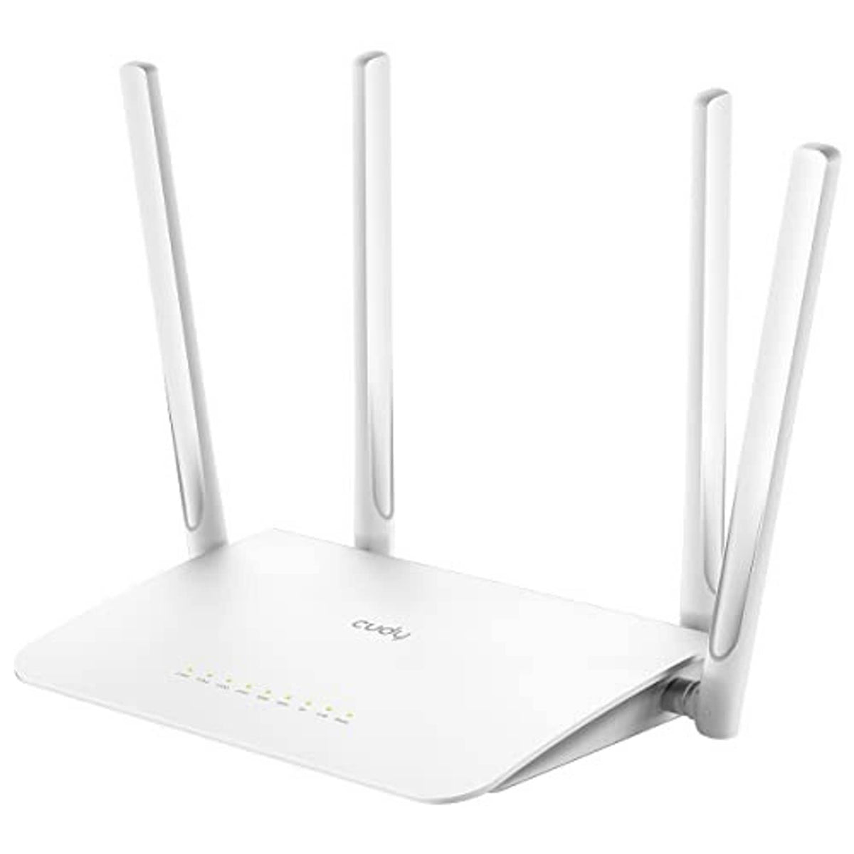 White dual-band Wi‑Fi router with four antennas, front angled view