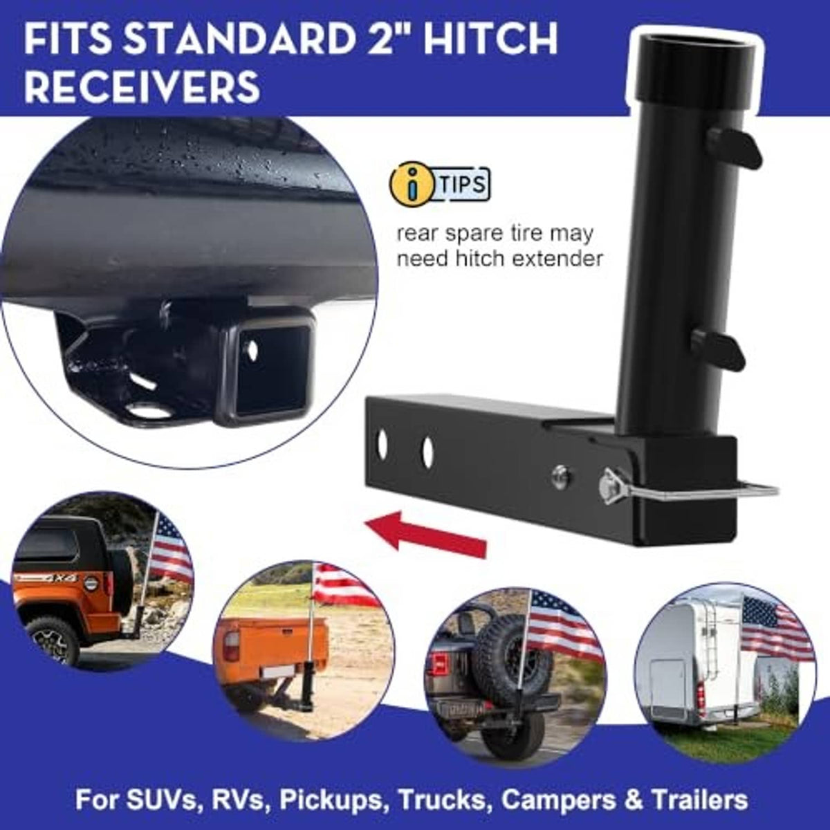 Black hitch mount flagpole holder with mounting bracket for 2-inch receiver