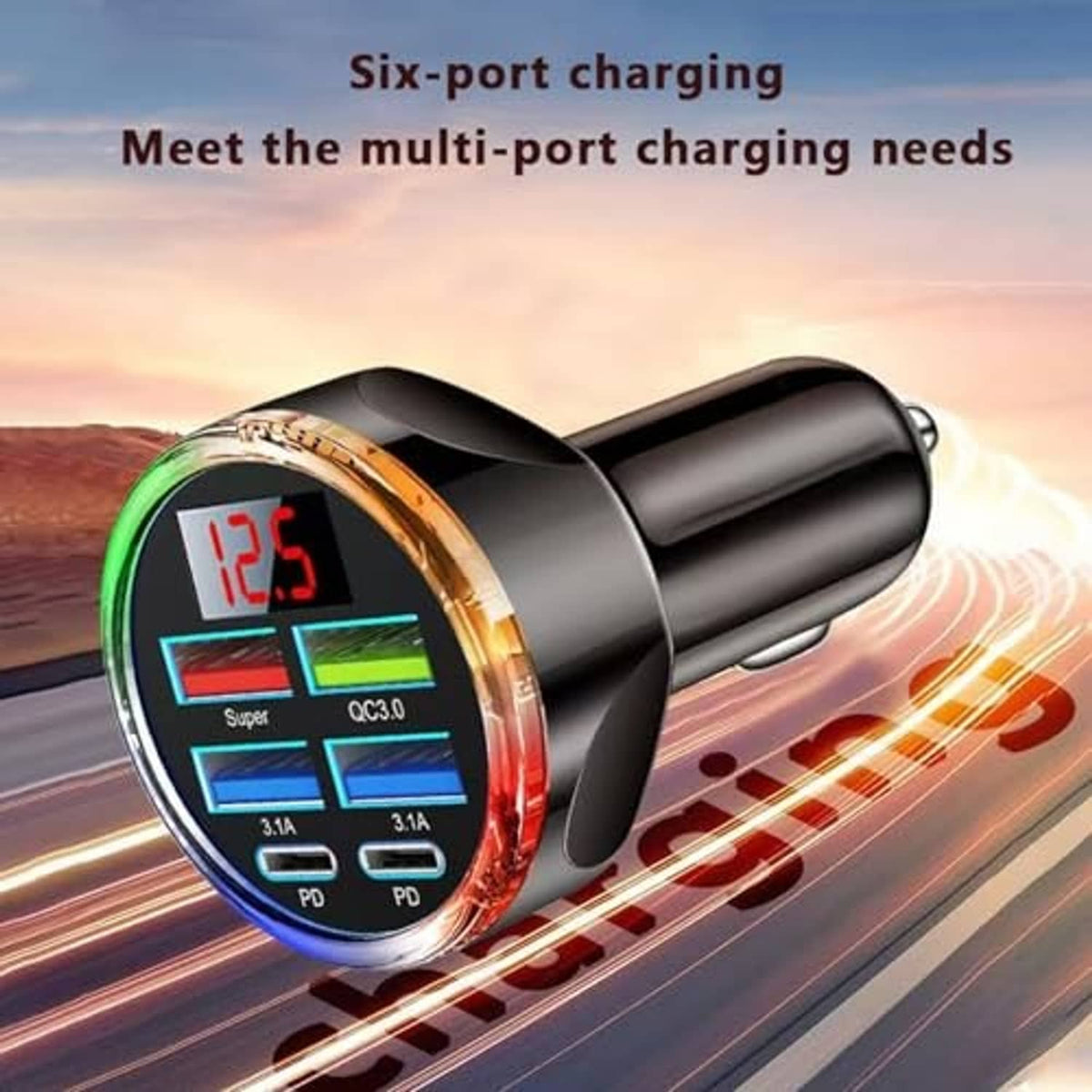 Black 6-in-1 USB-C car charger with voltage display and multi-port charging