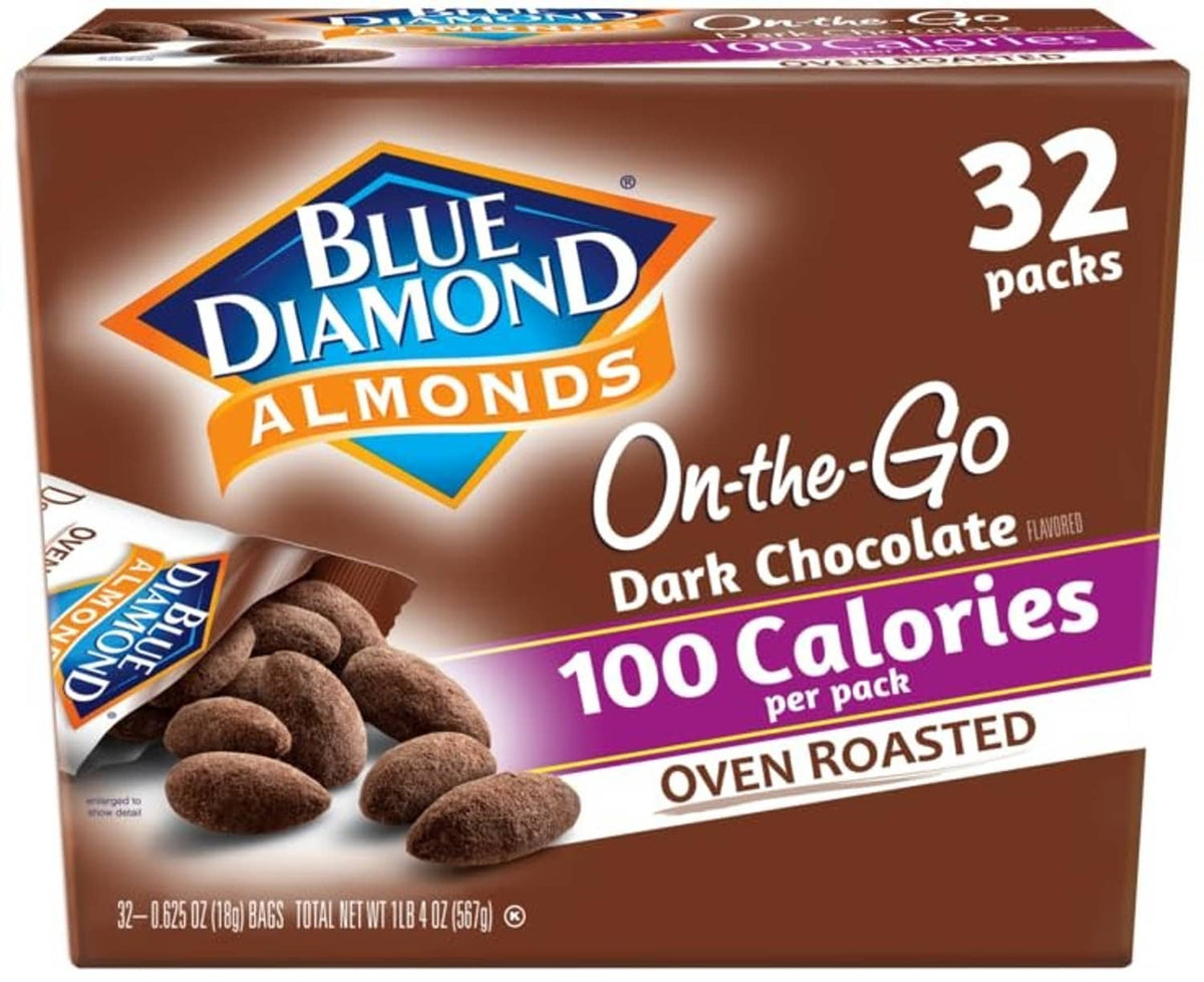 Blue Diamond On-the-Go dark chocolate almonds box, 32 packs, oven roasted, 100 calories