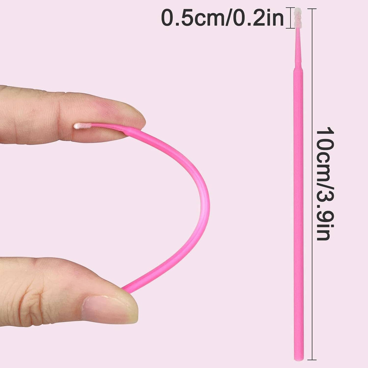 Pink micro swab size shown: 10cm length, 0.5cm tip width