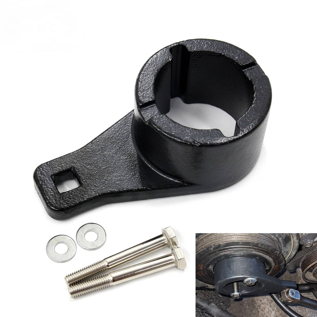 Crankshaft holding tool with metal arm, includes bolts and washers in set