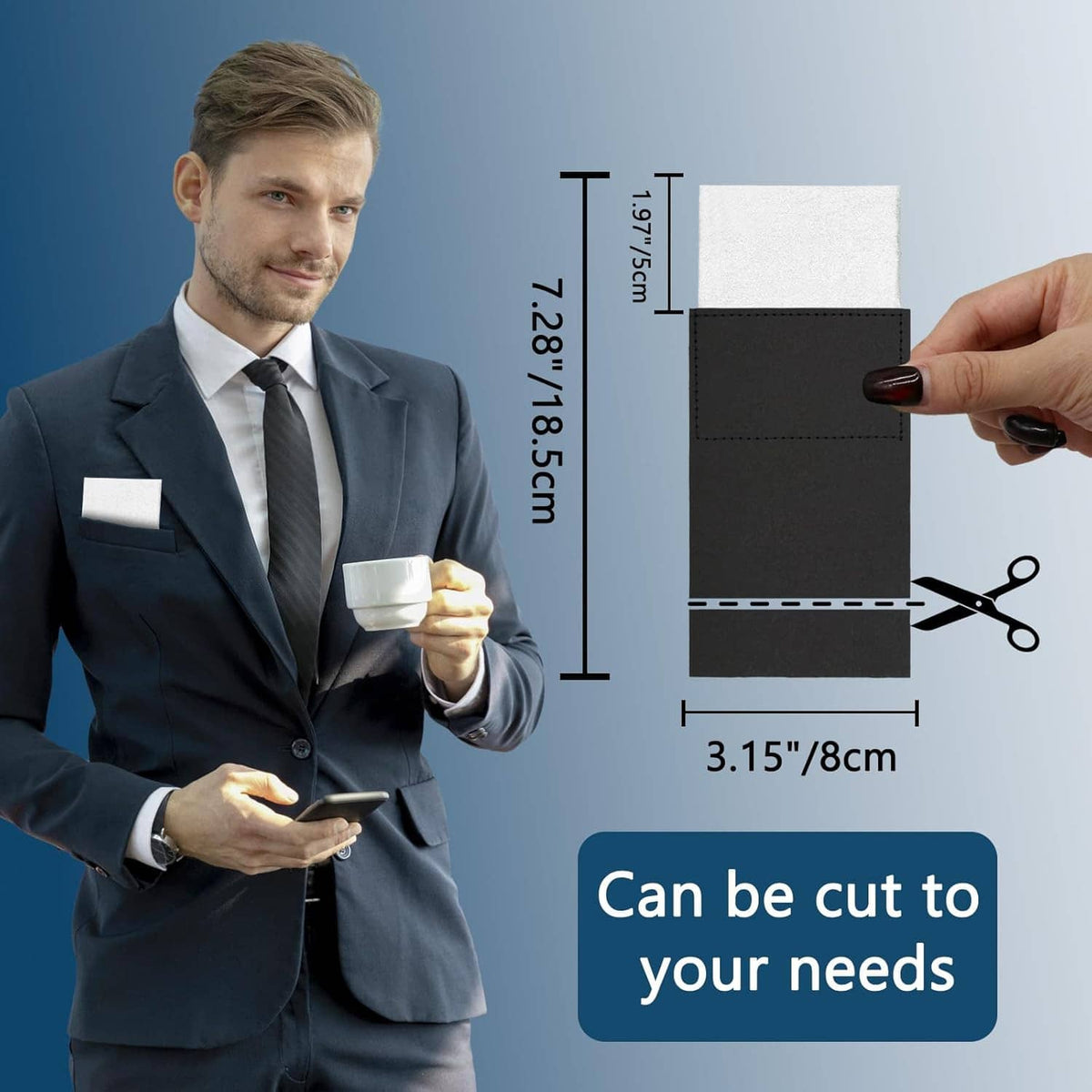 White pre-folded pocket square with black sleeve, held near size measurements