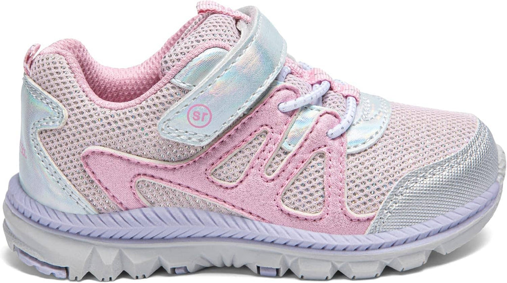 Side view of light pink and silver toddler sneakers with velcro strap, laces, and tread sole