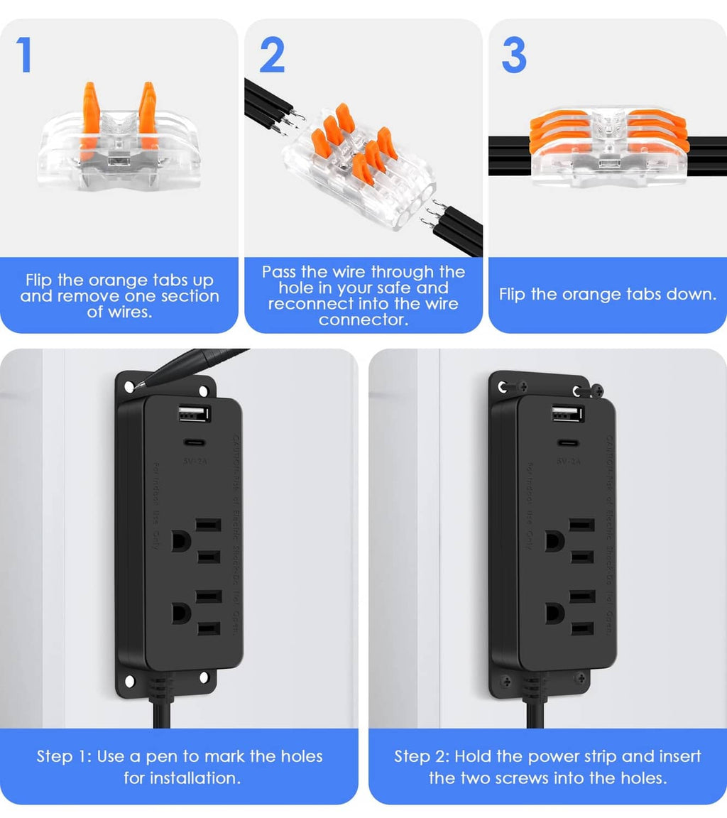 Black connector with orange wire tabs for outlet kit installation and wiring
