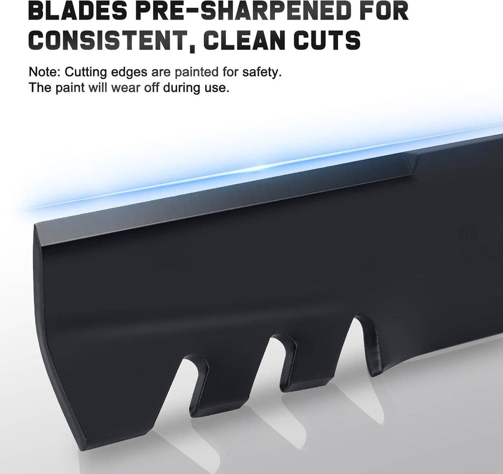 Toothed mulching mower blade with thick steel body and side cut notches