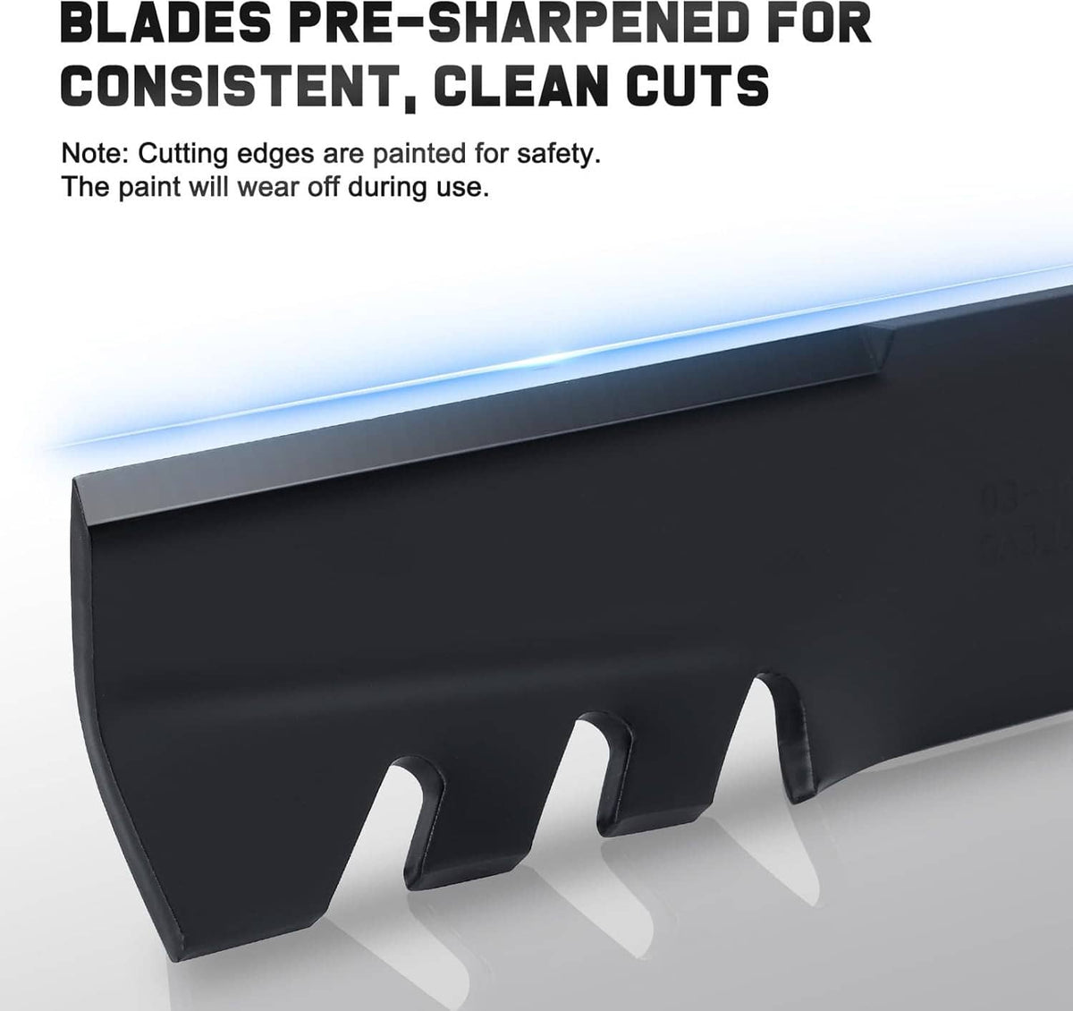 Toothed mulching mower blade with thick steel body and side cut notches