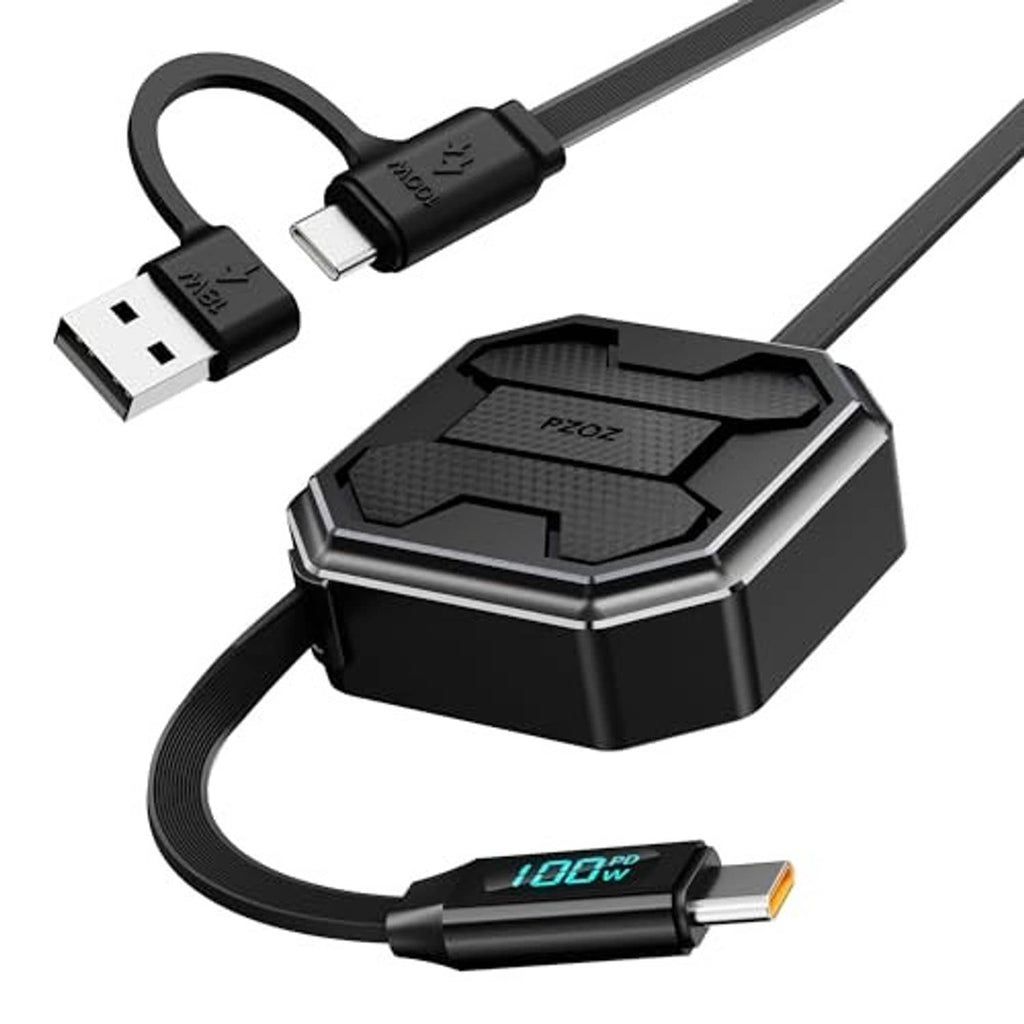 Retractable charging cable with USB-A to USB-C ends and compact cable reel