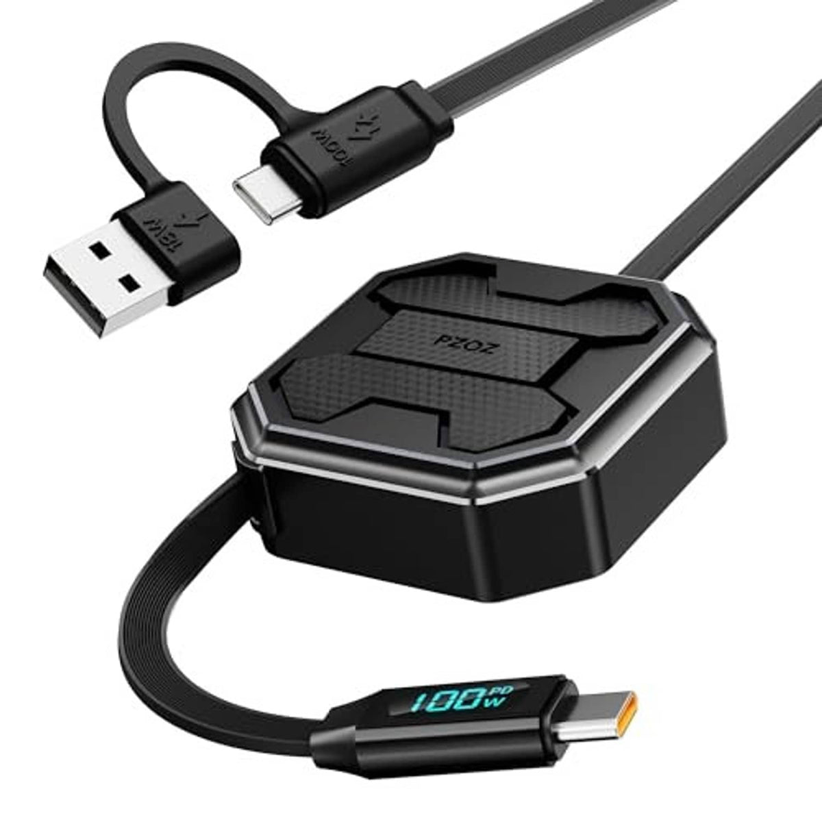 Retractable charging cable with USB-A to USB-C ends and compact cable reel